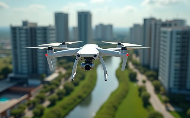 Drohne macht Luftaufnahmen von einer modernen Stadtlandschaft mit Wolkenkratzern und einem Fluss. Fokus auf Immobilienmarketing und Event-Coverage.