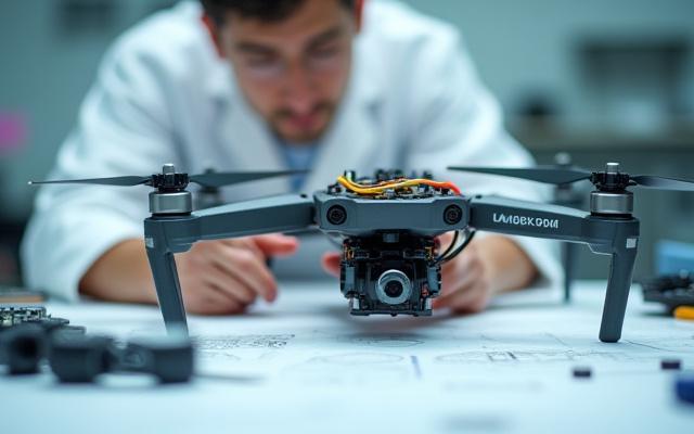 Techniker arbeitet an einer Drohne mit zusätzlichen Sensoren und Modifikationen in einem sauberen Labor. Schwerpunkt auf individuelle Anpassungen und Problemlösung.
