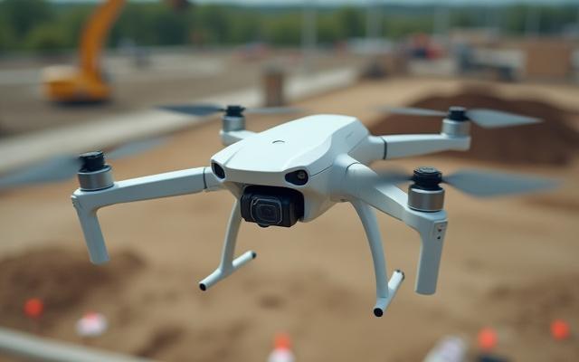 Vermessungsdrohne mit RTK-Modul fliegt über eine Baustelle. Fokus auf 3D-Modellierung und Datenerfassung für Bauingenieurwesen.
