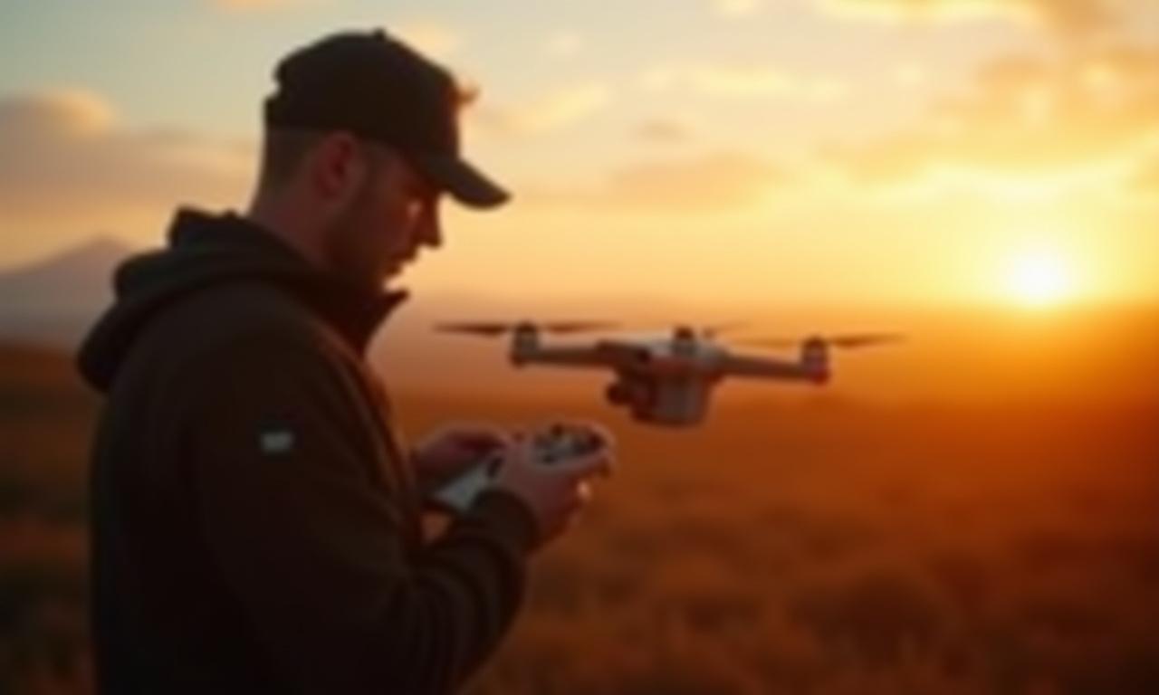 Drohnenpilot während des Flugtrainings mit komplexer Steuerkonsole im Sonnenuntergang